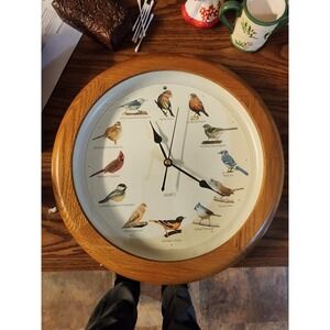Vintage Taiwan Wood Framed Singing Bird Hanging Wall Clock Large 13", Birds Sing